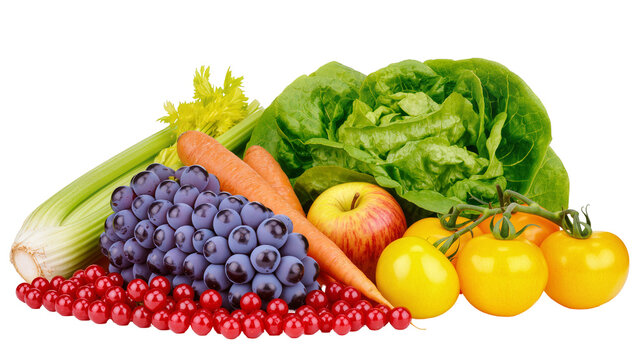 Fresh fruits and vegetables assortment grapes tomatoes apple carrots celery, lettuce