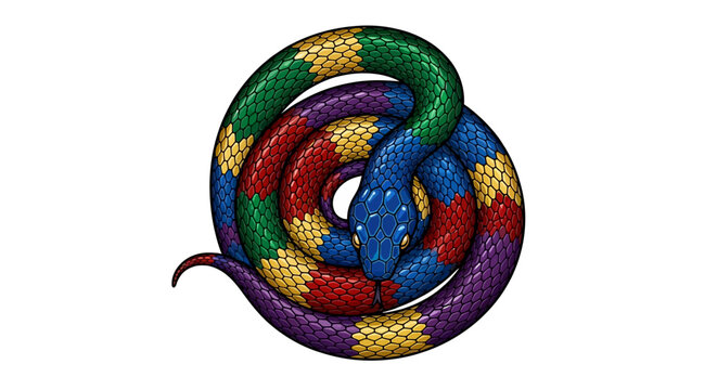 Vibrant coiled snake with geometric patterns on scales