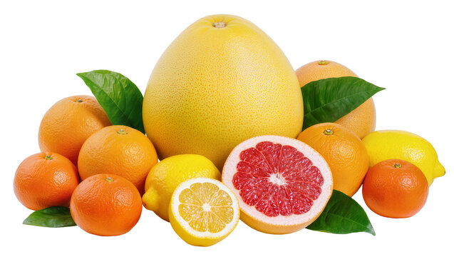 Assorted citrus fruits including pomelo grapefruit oranges, and lemons with leaves