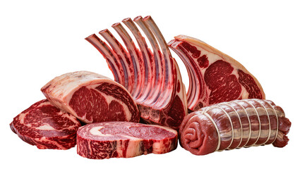 Assortment of Raw Beef Cuts Ribeye Rack of Lamb Roast, and Rolled Meat © Natalia
