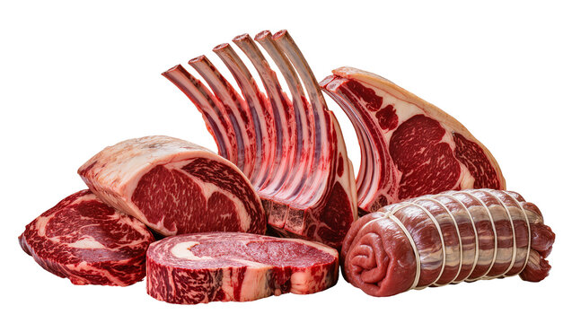 Assortment of Raw Beef Cuts Ribeye Rack of Lamb Roast, and Rolled Meat