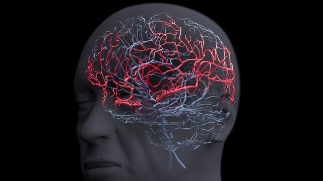 Middle cerebral arteries and branching blood vessels, animation