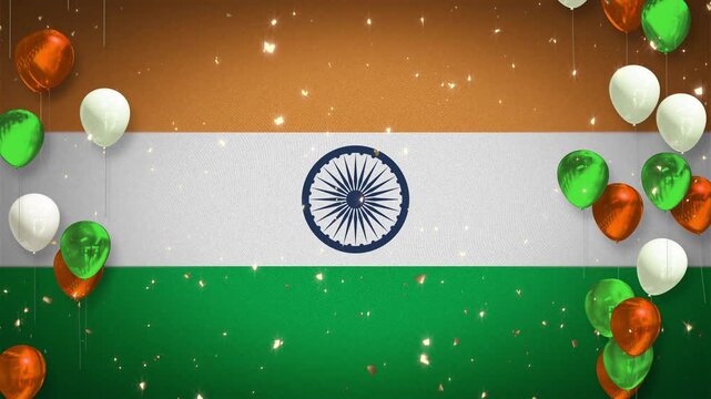 Loop, winner, award, Indian flag, national flag, celebration, event, cricket, soccer, football, kabaddi, hockey, background, introduction, confetti, orange, white, green, balloons, copy space, India.