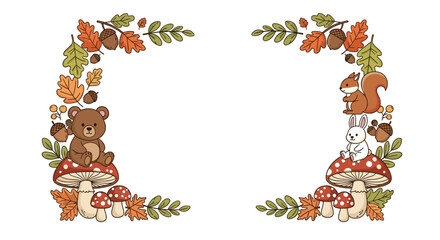 Fototapeta premium Autumnal decorative frame features a cute bear, squirrel, and rabbit among mushrooms and colorful fallen leaves on a white background.