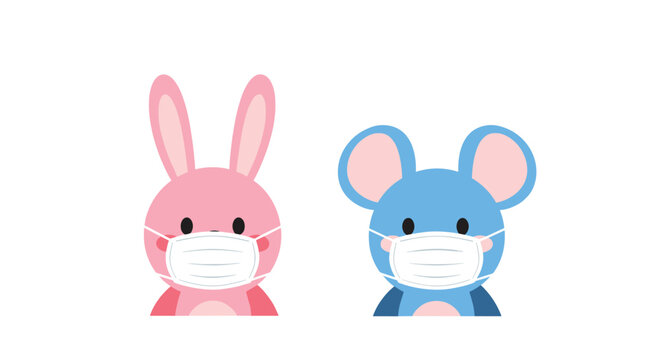 Cute rabbit and mouse characters wear protective surgical face masks to promote health safety and hygiene awareness for young children.
