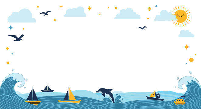 Charming maritime frame is composed of ocean waves, sailboats, dolphins, seagulls, and a smiling sun under a starry sky background.