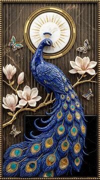 peacock, blue peacock, peacock art, peacock feathers, luxury wall art, marble artwork, marble texture, white marble flowers, magnolia flower, floral design, butterfly, decorative panel, wall decor, lu