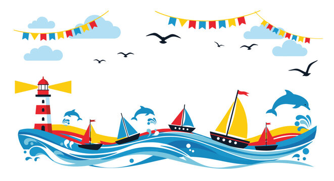 Vibrant nautical border design includes sailboats, leaping dolphins, flying seagulls, and a tall lighthouse on rolling ocean waves.