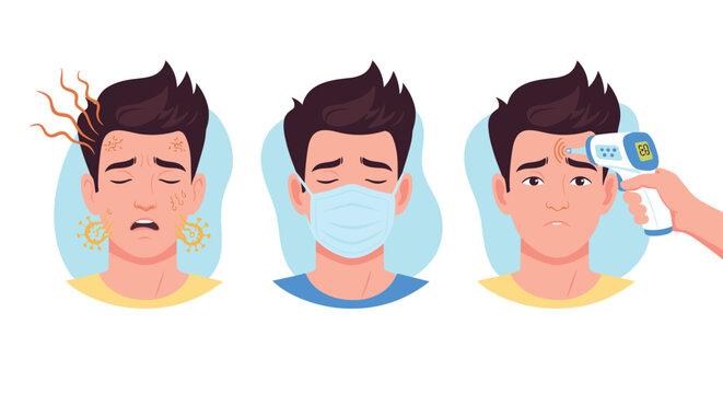 Three panels show a man suffering from illness, wearing a mask, and having his temperature taken with an infrared thermometer gun.