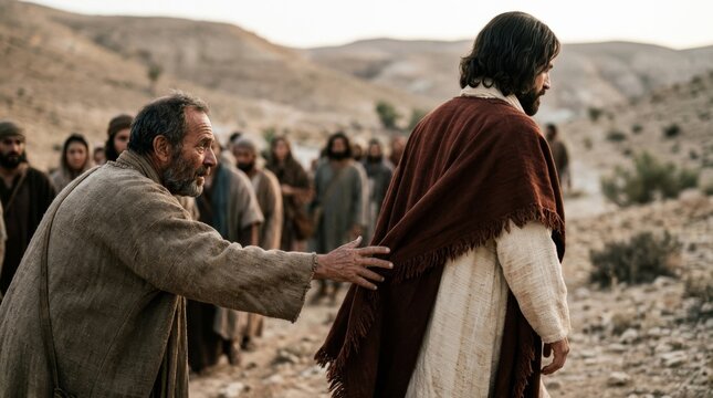 A man in desert robes, reaching out to touch the hem of Jesus garment on a dusty path in the biblical era.
