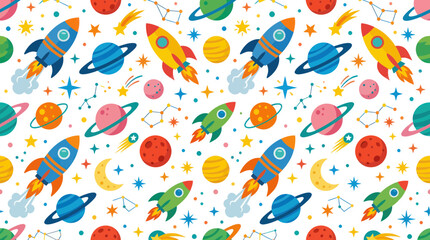 Colorful Space Pattern with Rockets, Planets, Stars, and Moons © Pensil