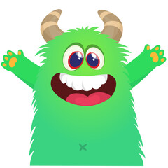 Fototapeta premium Cartoon cute and funny monster with scary face expression waving hands . Vector illustration isolated on white. For Halloween party decoration or package design