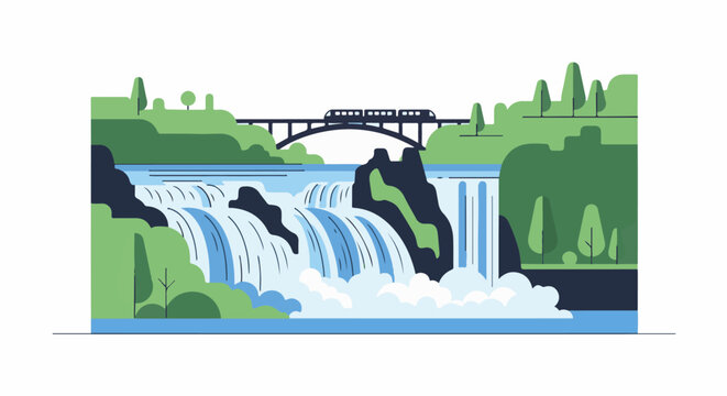A scenic view of cascading waterfalls, lush green hills, and a train crossing a bridge