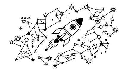 Rocket Ship Flying Through Constellations and Stars © Pensil