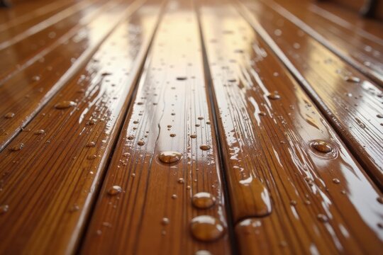 Close-up view of water droplets on a freshly varnished wooden surface, showcasing the rich color and smooth texture of the wood grain