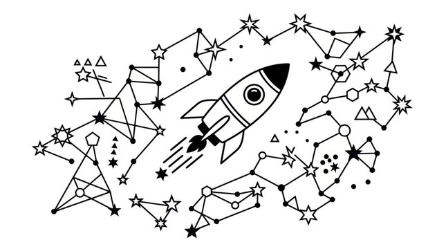 Rocket Ship Flying Through Constellations and Stars