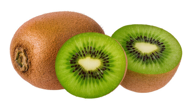 Whole and sliced kiwi fruits with vibrant green flesh and black seeds