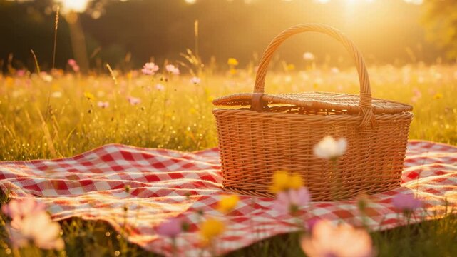 Sunlit picnic basket on red checkered blanket in wildflower meadow during golden hour