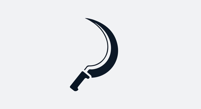 A dark, curved sickle rests against a plain, pale gray background