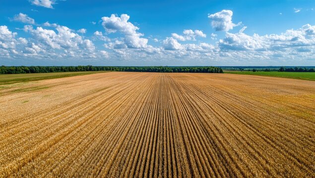 Aerial view of a vast, golden-brown field with parallel rows, under a blue sky