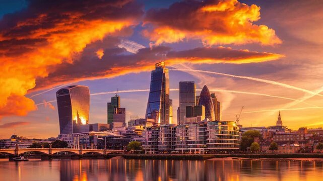 Vibrant sunset over modern London skyline with iconic skyscrapers reflecting on the Thames river