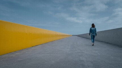 Obraz premium Independent young woman walking on concrete path with yellow wall, modern architecture and future journey concept