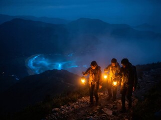 Fototapeta premium Adventurous young hikers holding lanterns near glowing bioluminescent bay at night, teamwork and exploration concept