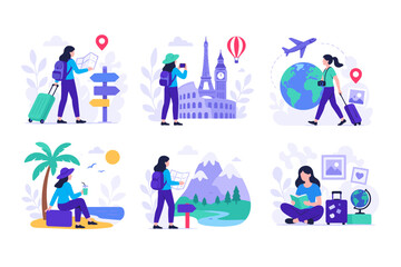 Fototapeta premium Flat Design Travel and Adventure Illustration Collection Featuring Tourism, Navigation, Exploration, Vacation Planning and Digital Nomad Lifestyle