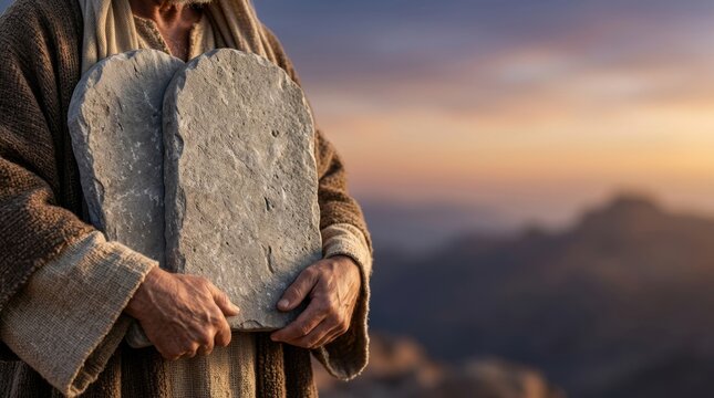 A biblical figure holding stone tablets against the backdrop of a mountainous desert landscape, symbolizing the ancient law and spiritual guidance. The Ten Commandments of God.