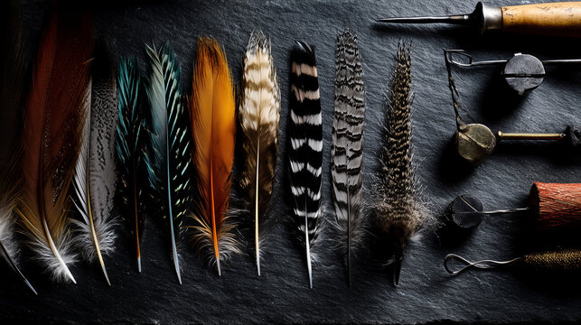 Flat lay of vintage fly tying materials with assorted feathers fur and metal tools fanned out across dark textured slate under even soft overhead light