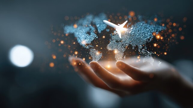 Airplane flies over glowing world map held in hand