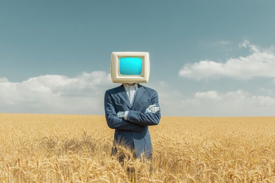 Person with vintage computer monitor head in golden wheat field