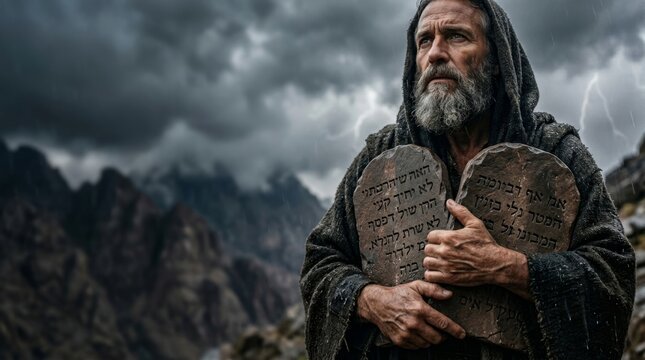 Moses holding the ten commandments tablets on a mountain during a thunderstorm. The Ten Commandments of God.