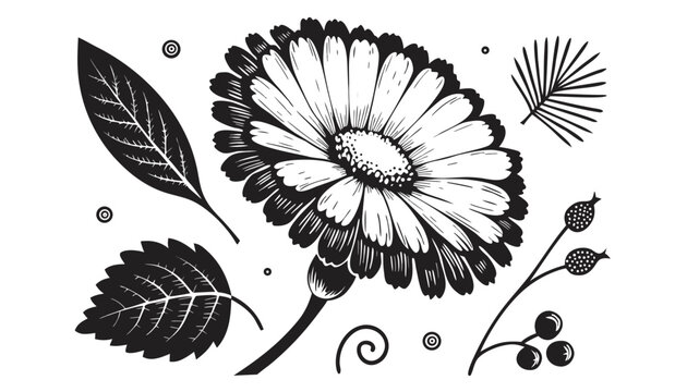 Very beautiful black-and-white engraved vector illustration of a calendula flower, featuring layered petals, medicinal herb leaves, wild botanical accents, and intricate engraving details, isolated on