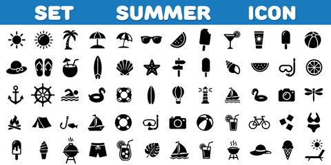Summer vacation icon set. Beach line icons, travel elements, tropical plants, sea food and cocktails silhouettes vector. © Vasyl Yurlov