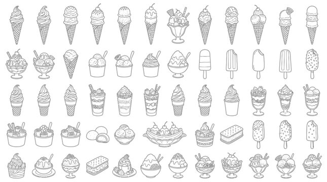 Collection of hand-drawn ice cream and dessert illustrations in a variety of styles and flavors.