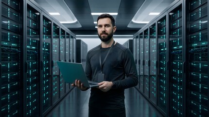 Fototapeta premium IT specialist engineer holding laptop in server room data center with digital indicator lights commercial technology abstract concept