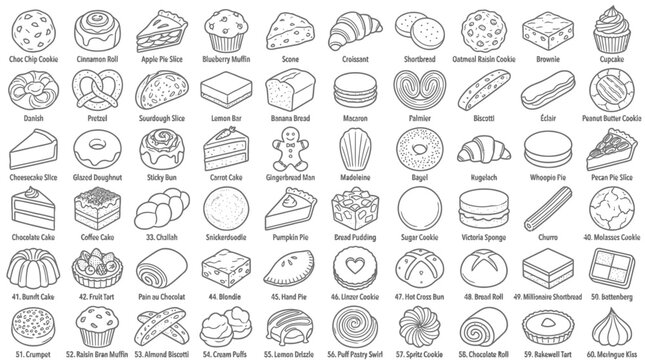Collection of Hand-Drawn Bakery and Pastry Illustrations with Labels.