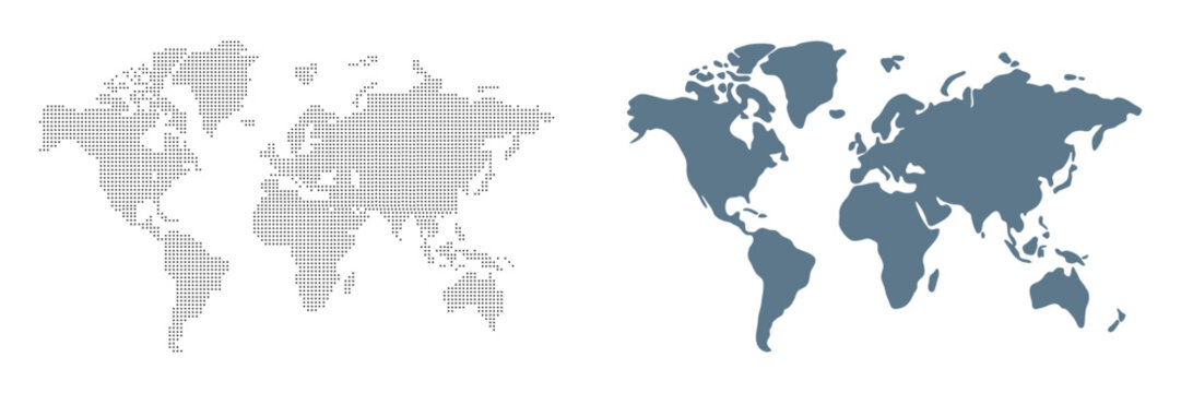 World map vector set. Minimalist dotted world map and flat blue silhouette isolated on white background.