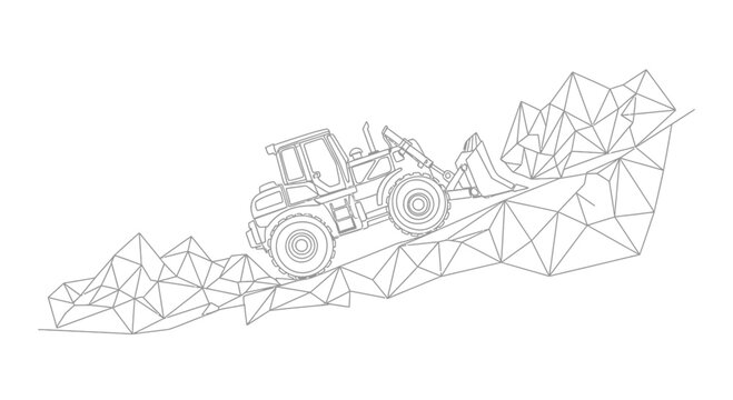 Front loader vehicle on abstract geometric terrain, construction, heavy machinery, engineering concept