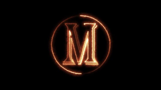 Glowing fire sparking letter m initial animation with circular flames for branding