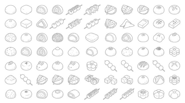Collection of Hand-Drawn Japanese Sweets and Snacks, Including Mochi, Dango, and Skewers.