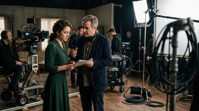 Film director giving instructions to actress on movie set. Professional production crew working on film studio stage