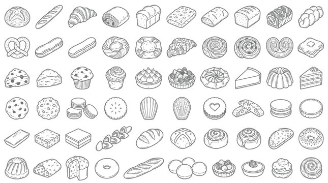 Collection of hand-drawn illustrations of various baked goods and pastries, presented in a clean, minimalist line art style.