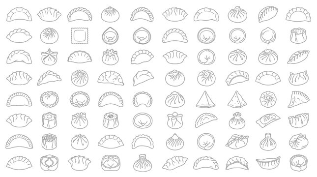 Collection of various types of dumplings and dim sum in a simple outline drawing style.