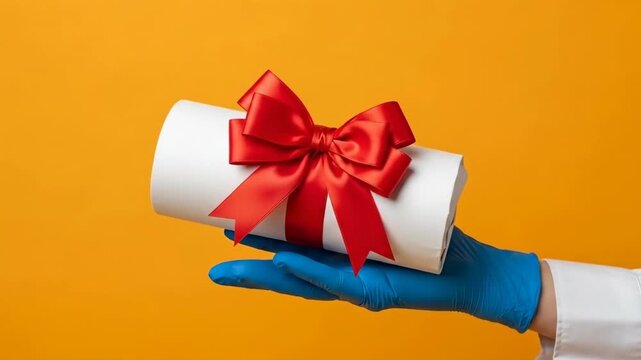 Medical professional holding a white certificate wrapped with a red ribbon