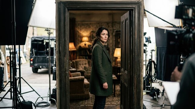 Actress on a film set standing in a doorway. Behind the scenes of a movie production with lighting equipment and vintage interior