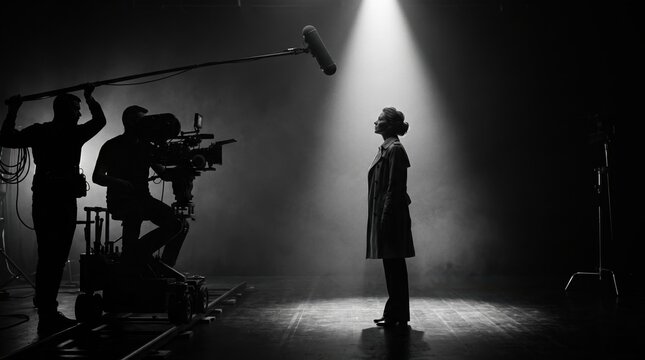 Film production set with actress in spotlight. Cinematic scene with camera crew and boom microphone. Black and white photography