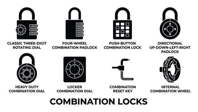Assortment of combination lock icons including dial, digital, push button and directional types.