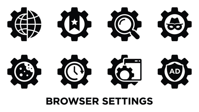 Black browser settings icons representing internet options like globe privacy cookies timer and ad blocker.